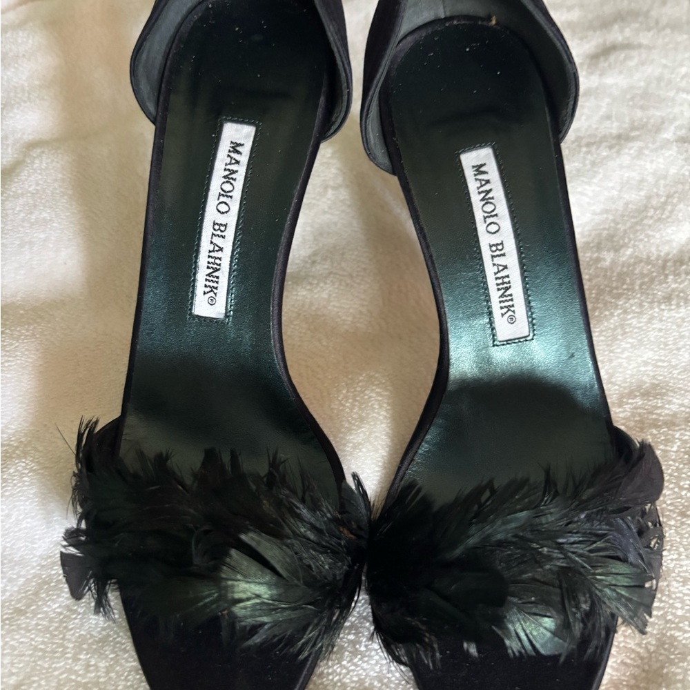 Vintage Manolo Blahnik Satin and Feather Heels